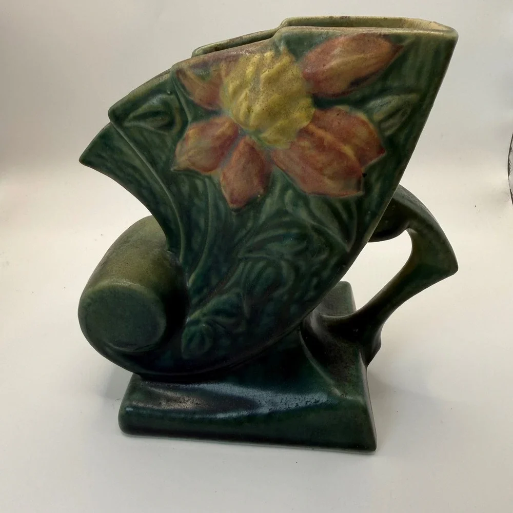 Roseville Pottery Clematis Green Cornucopia Vintage Mid Century Art Deco